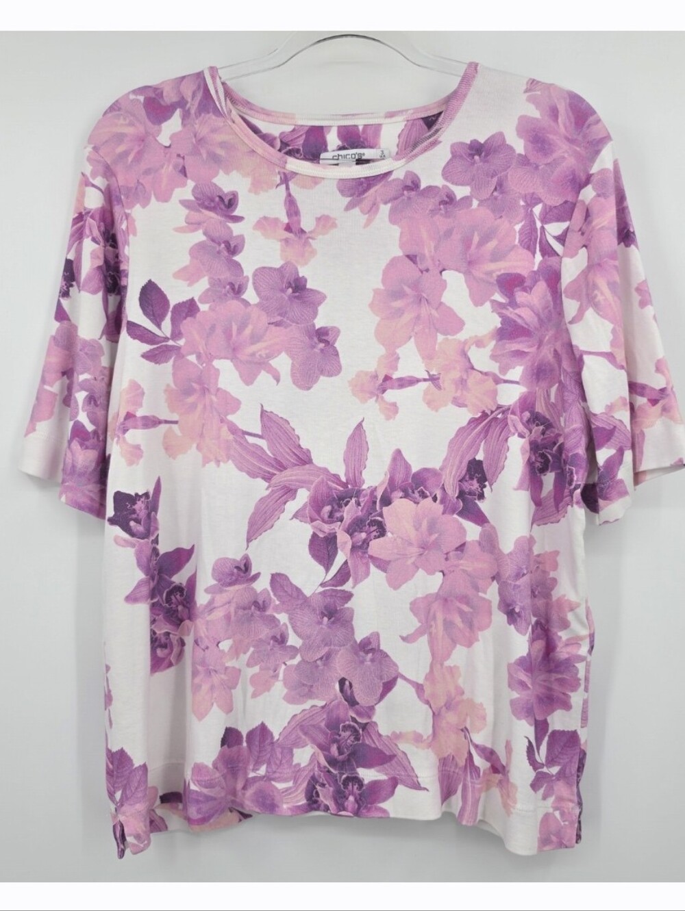 Chicos 3 Floral Short Sleeve Cotton Tee XL White Purple